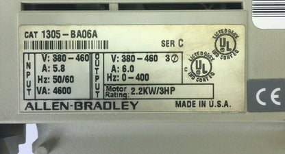 ALLEN BRADLEY 1305-BA06A AC DRIVE INPUT 380-460V 5.8A OUTPUT 380-460V 6A 3HP