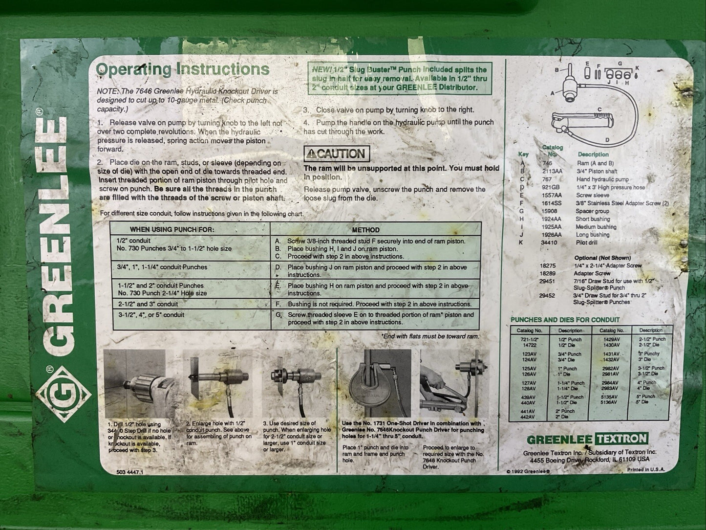 GREENLEE 7306 HYDRAULIC KNOCKOUT PUNCH-DRIVER SET W/PUNCHES AND DIES FOR