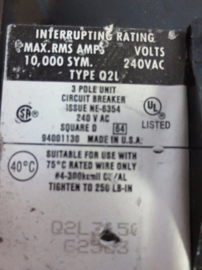 SQUARE D Q2L3150 CIRCUIT BREAKER 150A, 240VAC 3-POLE - ONLY 1 LUG SCREW