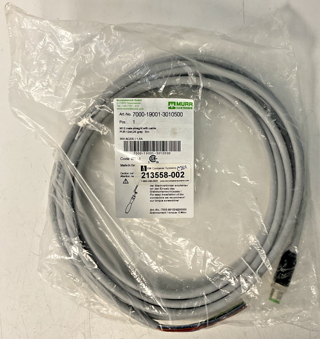 MURR ELEKTRONIK 7000-19001-3010500 CABLE M12 MALE STRAIGHT 5M