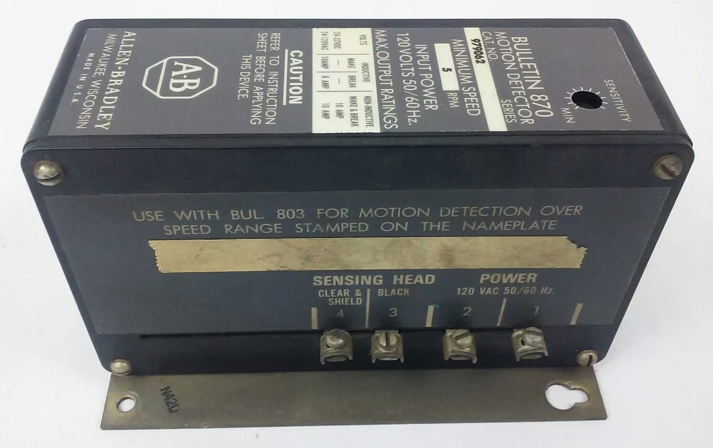 ALLEN BRADLEY 979062, MOTION DETECTOR, 5 RPM MINIMUM SPEED ,120V 50/60HZ 10A