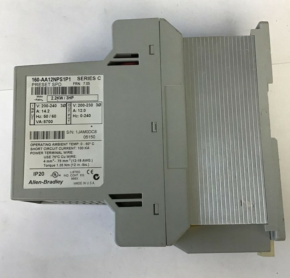 ALLEN BRADLEY 160-AA12NPS1P1 SPEED CONTROLLER SER.C FRN:7.05 2.2KW/ 3HP 230V