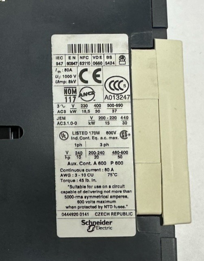 SCHNEIDER TELEMECANIQUE LC1 D65 CONTACTOR 80A 3P 24V DC COIL LP1D6511 50HP