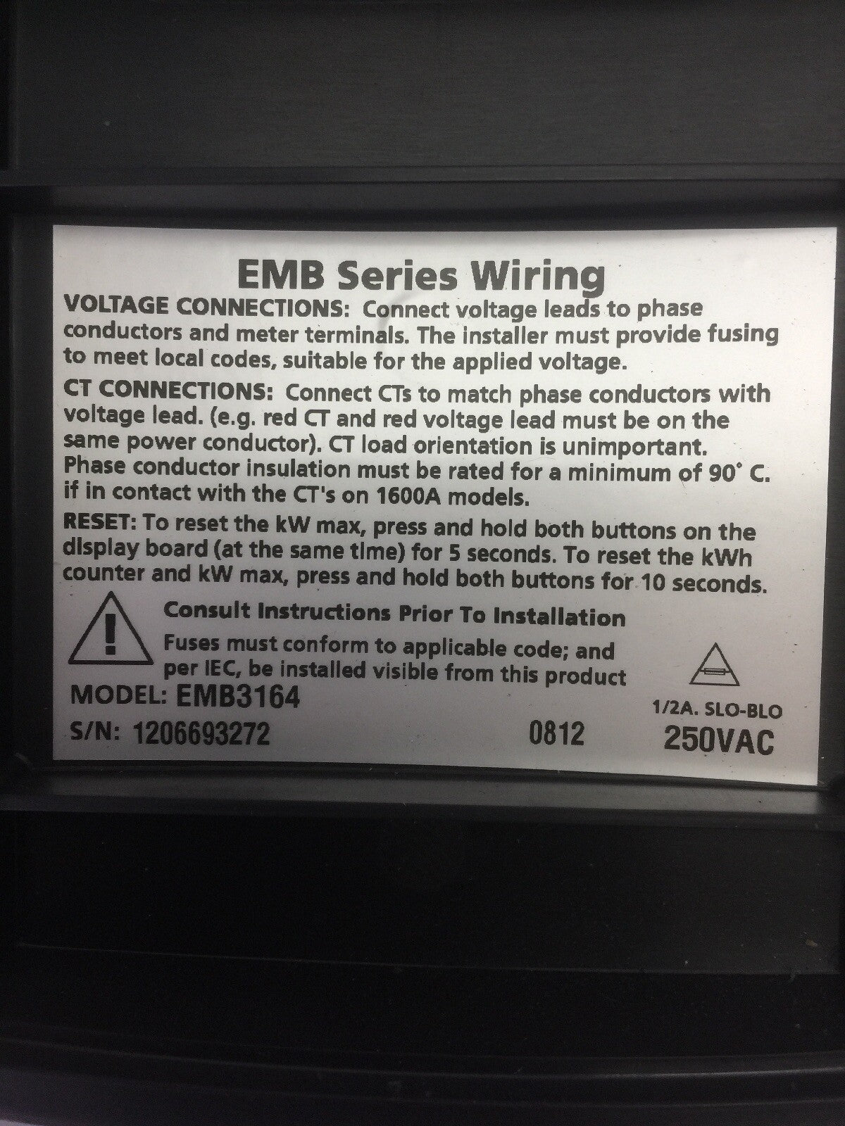 SQUARE D EMB3164 POWER LOGIC ENERGY METER 250VAC