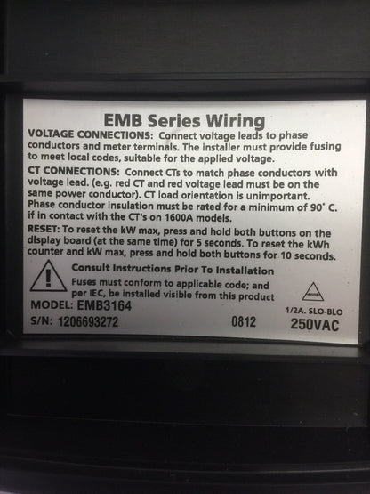 SQUARE D EMB3164 POWER LOGIC ENERGY METER 250VAC