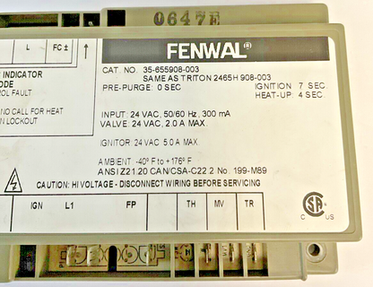 FENWAL 35-655908-003 IGNITION CONTROL CIRCUIT BOARD MODULE 24VAC 50/60HZ 2A