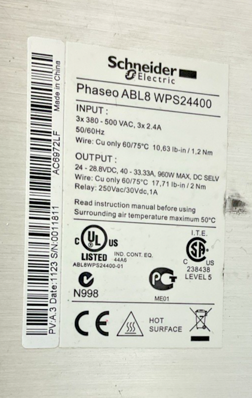SCHNEIDER ELECTRIC ABL8 WPS24400 POWER SUPPLY PHASEO 500VAC 50/60HZ 2.4A