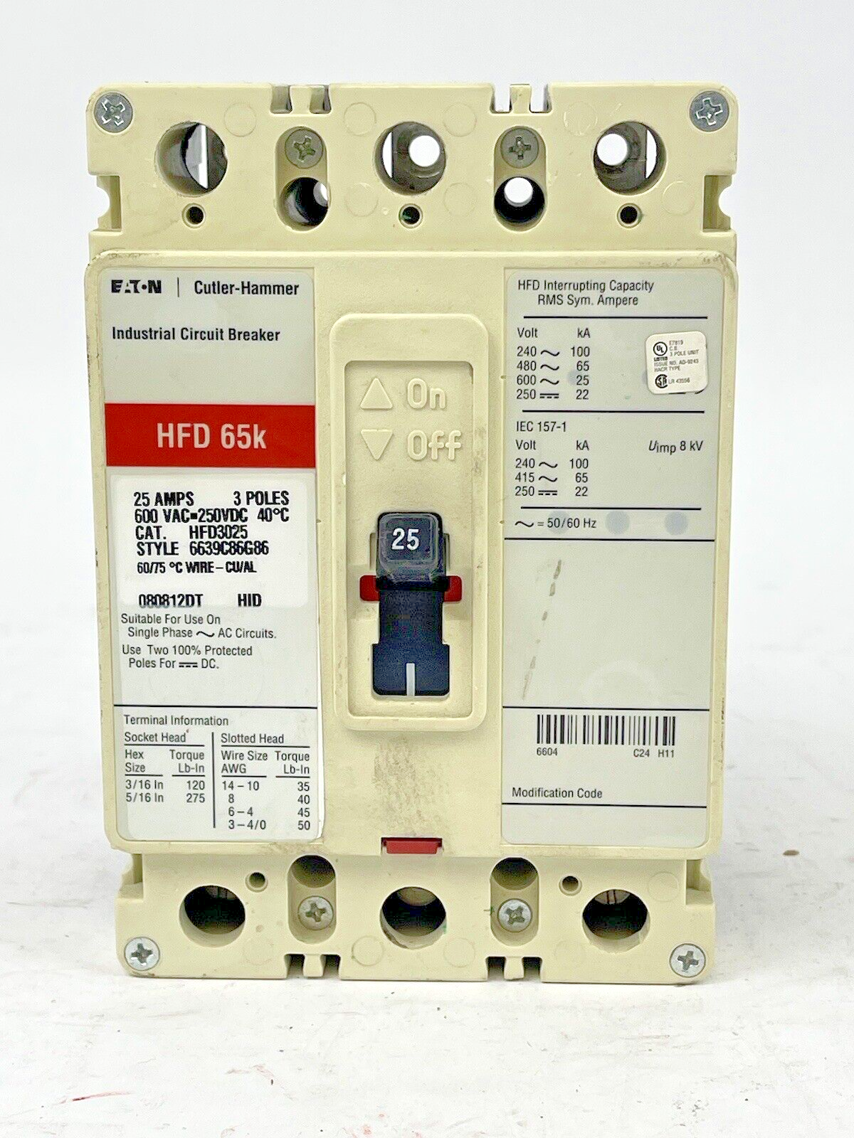 CUTLER-HAMMER - HFD3025 - INDUSTRIAL CIRCUIT BREAKER - 25 AMP, 600 VAC, 3 POLE