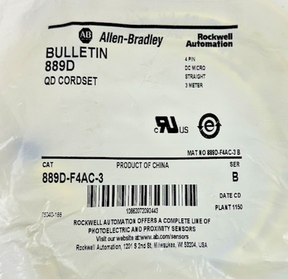 ALLEN-BRADLEY 889D-F4AC-3 SERIES B 4 PIN DC MICRO STRAIGHT 3 METER QD CORDSET