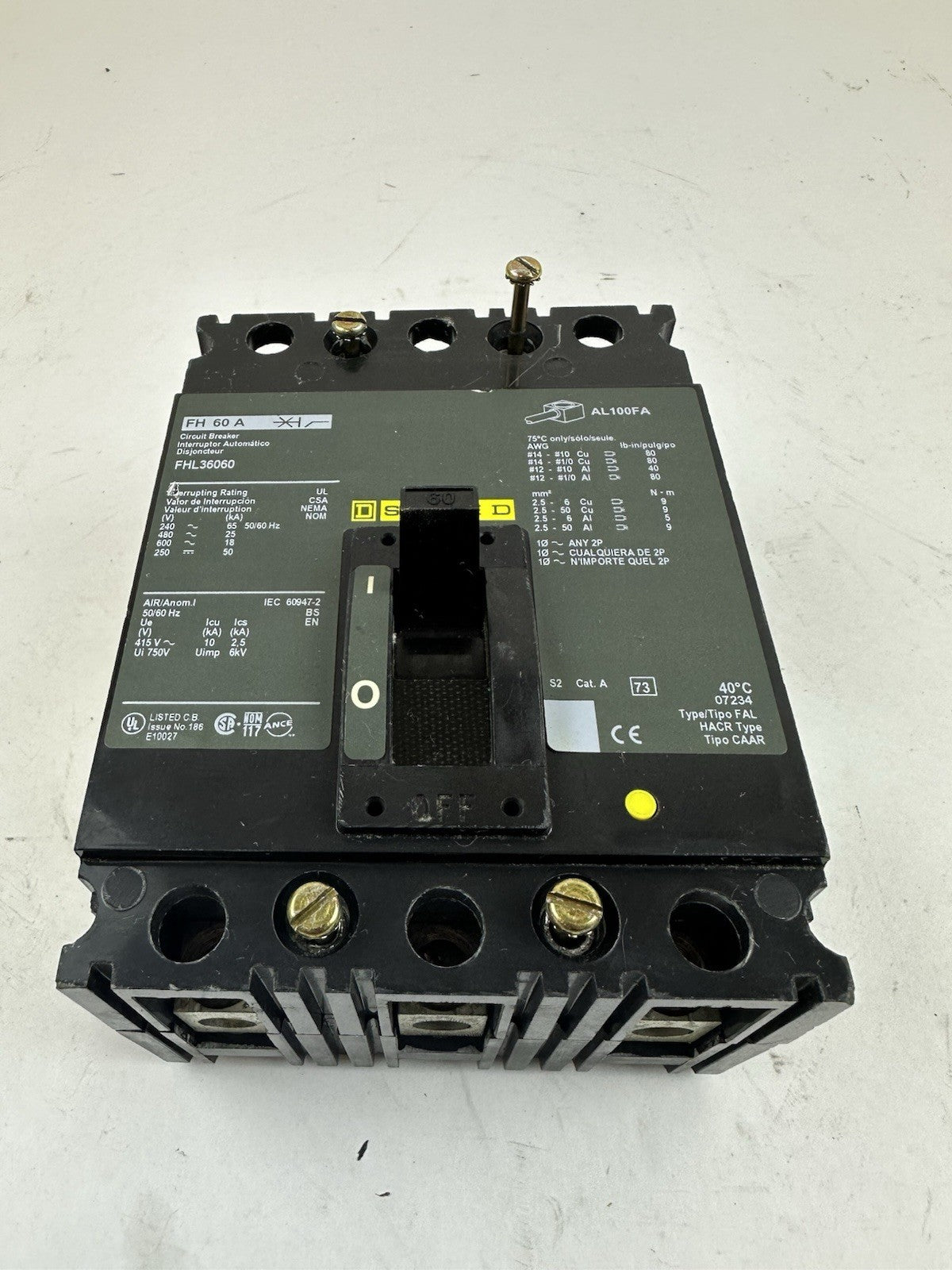 SQUARE D FHL36060 3 POLE MOLDED CASE CIRCUIT BREAKER 60A 600VAC 250VDC