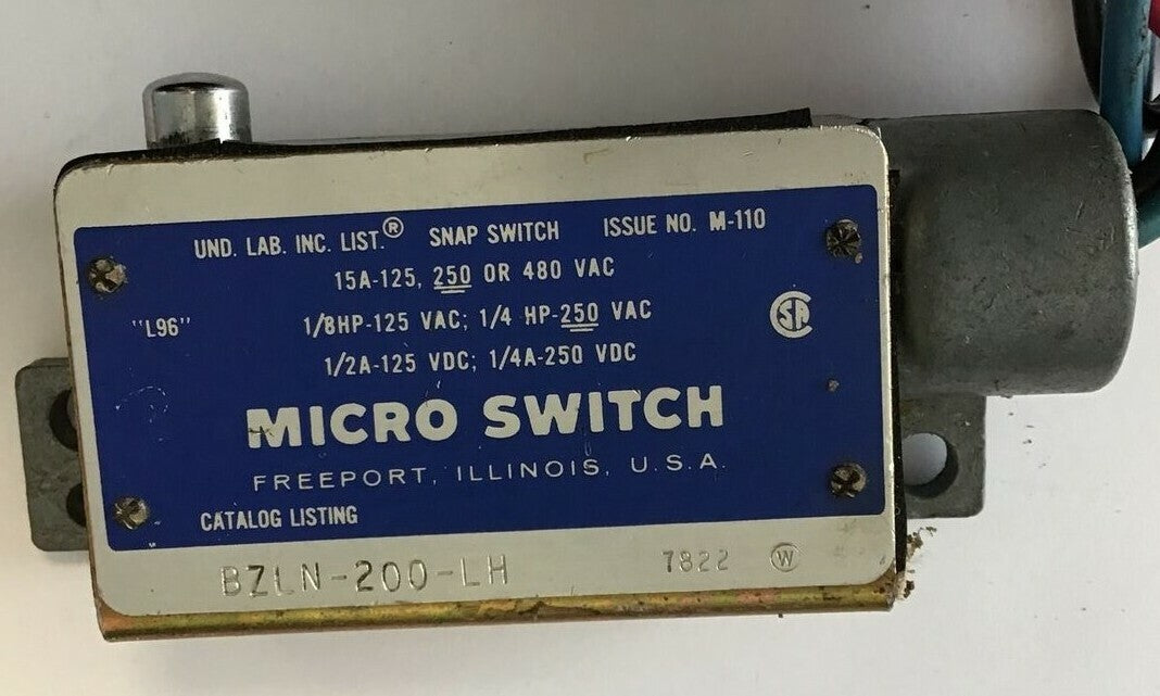 MICRO SWITCH BZLN-200-LH SNAP SWITCH 250-480VAC 15A 250VDC