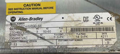 ALLEN BRADELY 2098-DSD-HV030-SE SERVO DRIVE SER.B  3PH FIRM. V1.53 ***PARTS***