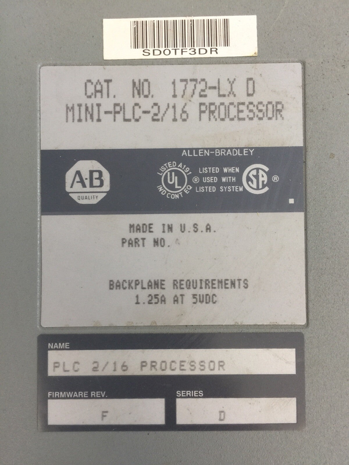ALLEN BRADLEY 1772-LX D MINI-PLC-2/16 PROCESSOR 1.25A  5VDC SER D FIRMWARE REV F