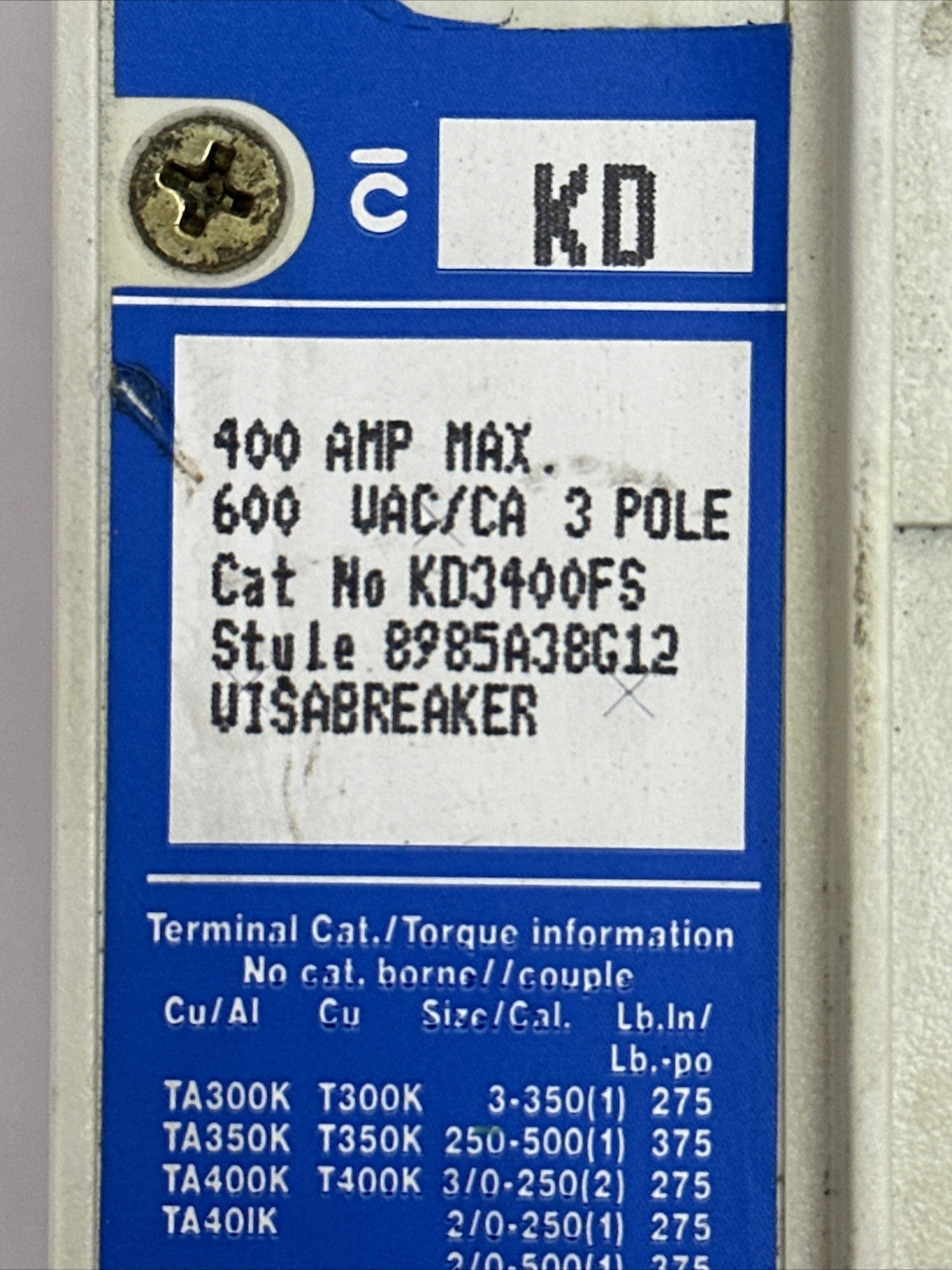 WESTINGHOUSE KD3400FS VISABREAKER 400A 600VAC/CA 3P 8985A38G12 KT3300T 300A TRIP