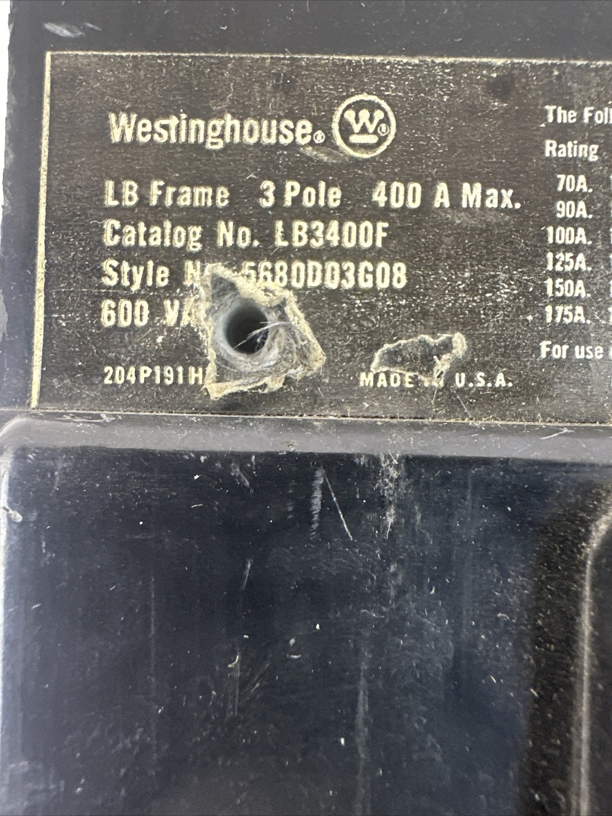 WESTINGHOUSE LB3400F CIRCUIT BREAKER 400A FRAME 3POLE 600VAC 100AMP TRIP UNIT