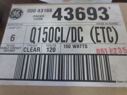 GE Q150CL/DC QUARTZLINE TUNGSTEN-HALOGEN LAMPS, NEW SURPLUS  LOT of 6, 150W 120V