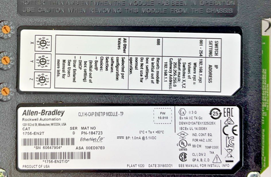 ALLEN BRADLEY 1756-EN2T SER D FW 10.010 CLX HI-CAP ENET/IP MODULE TP
