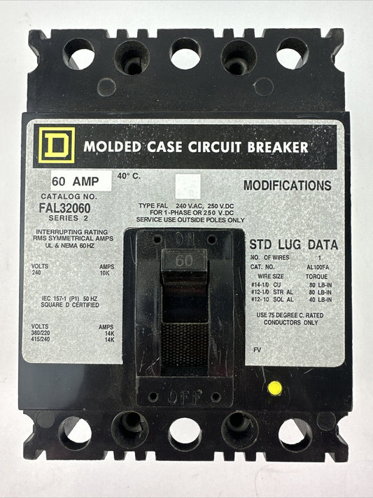 SQUARE D FAL32060 SER 2 CIRCUIT BREAKER 250VDC 240VAC 60AMP 3POLE