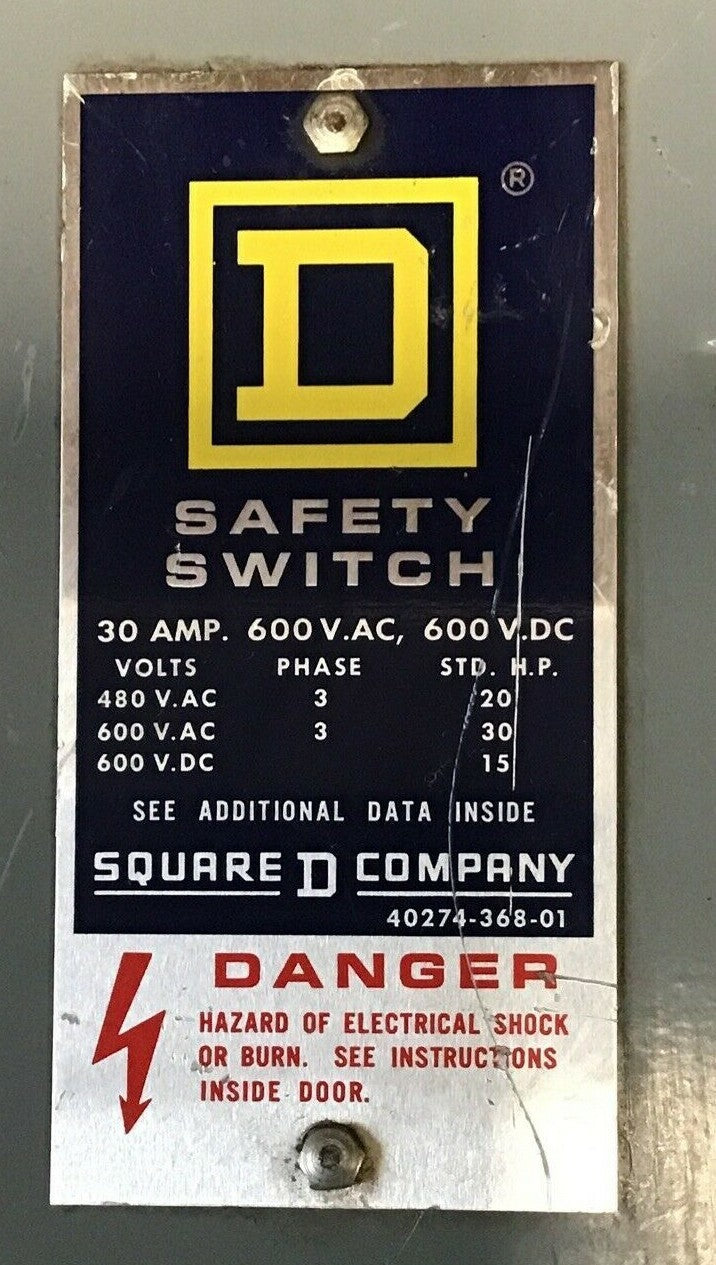 SQUARE D HU361 SAFETY SWITCH SER.E1 30A  NON FUSIBLE 600VAC/VDC 600VAC/VDC 30HP