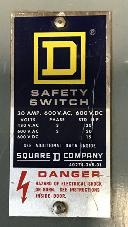 SQUARE D HU361 SAFETY SWITCH SER.E1 30A  NON FUSIBLE 600VAC/VDC 600VAC/VDC 30HP