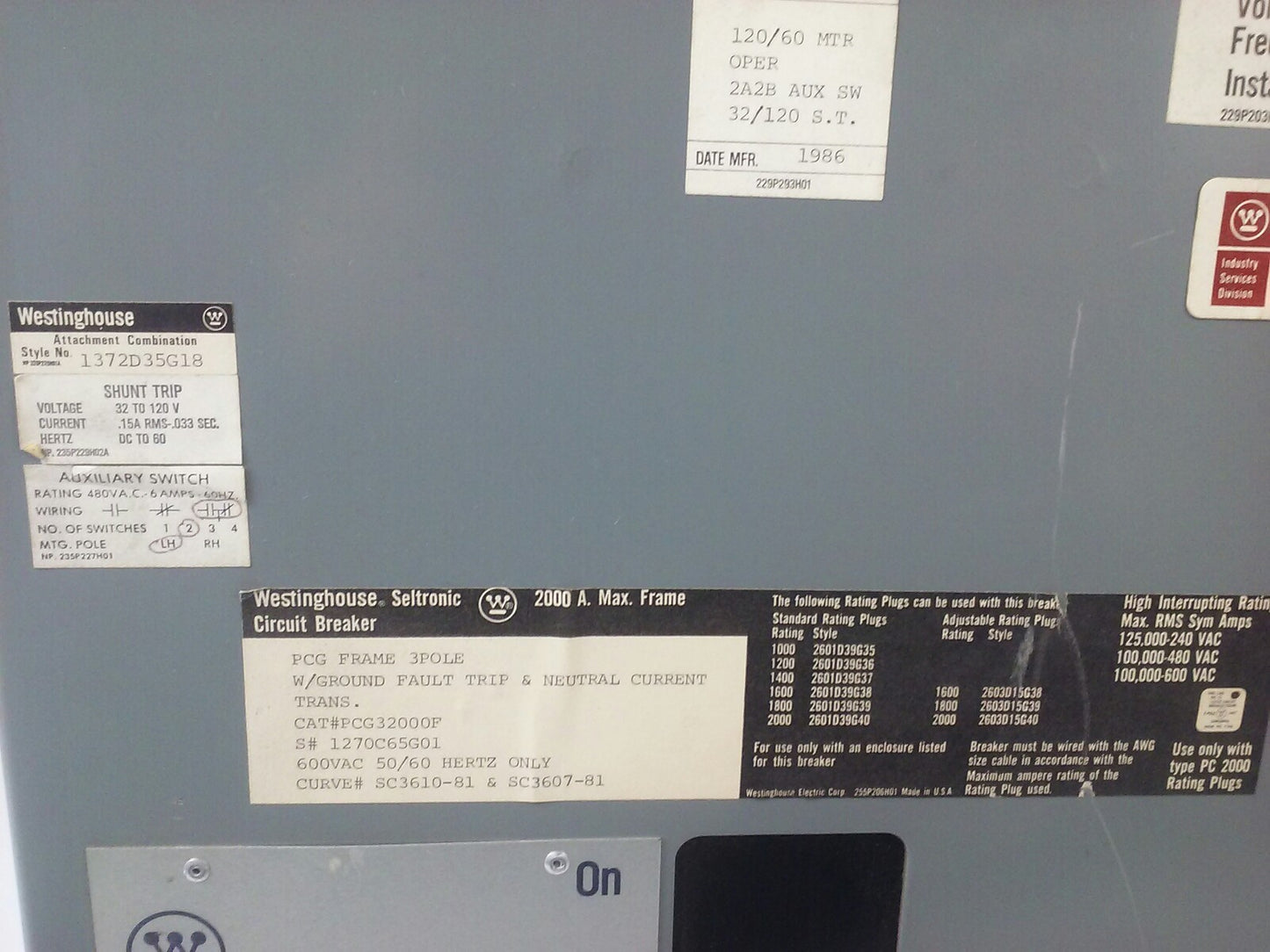 WESTINGHOUSE PCG32000F 3P 600V, MOTOR OPERATER 5661D52G01 TYPE PCG 120V 2P OR 3P