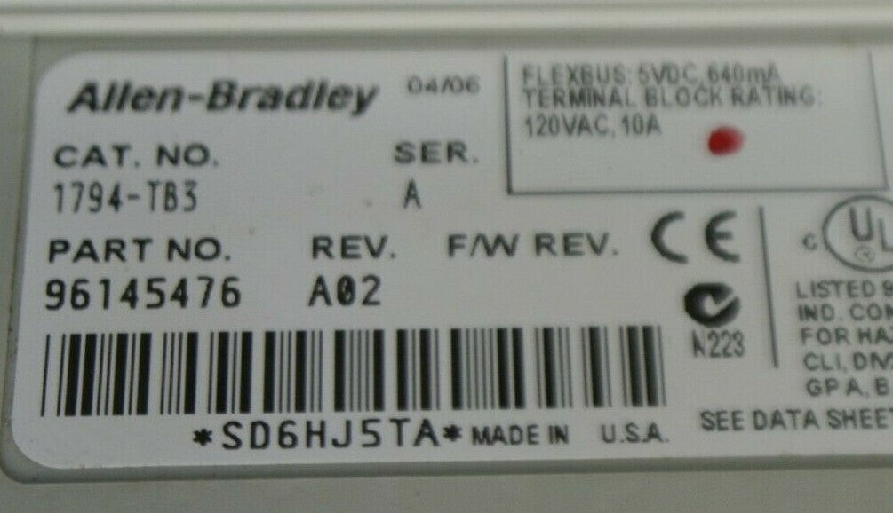 ALLEN-BRADLEY 1794-TB3 TERMINAL BASE / Ser. A, Rev. A02 / 120VAC / 10A
