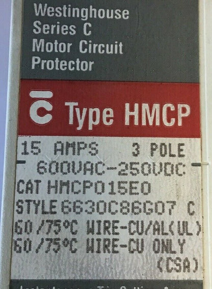 WESTINGHOUSE HMCP015E0  CIRCUIT PROTECTOR SER.C 15AMP 3POLE 600VAC-250VDC