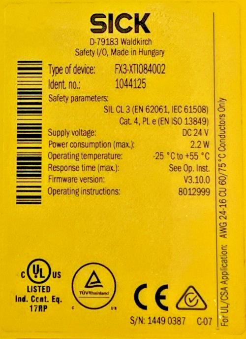 SICK FX3-XTI084002 SAFETY I/O RELAY 24VDC 2.2W FW: V3.10.0