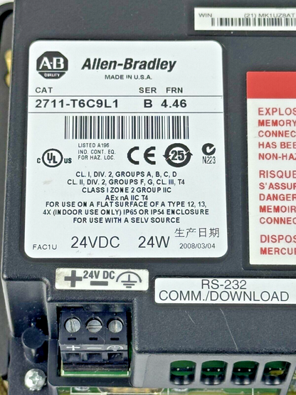 ALLEN-BRADLEY - 2711-T6C9L1 SER. B FRN: 4.46 - PANELVIEW 600 - 6" TOUCHSCREEN