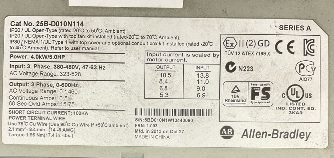 ALLEN BRADLEY 25B-D010N114 AC DRIVE FRN 1.003 SER A OUTPUT 0-460VAC