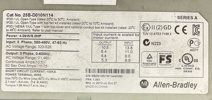 ALLEN BRADLEY 25B-D010N114 AC DRIVE FRN 1.003 SER A OUTPUT 0-460VAC