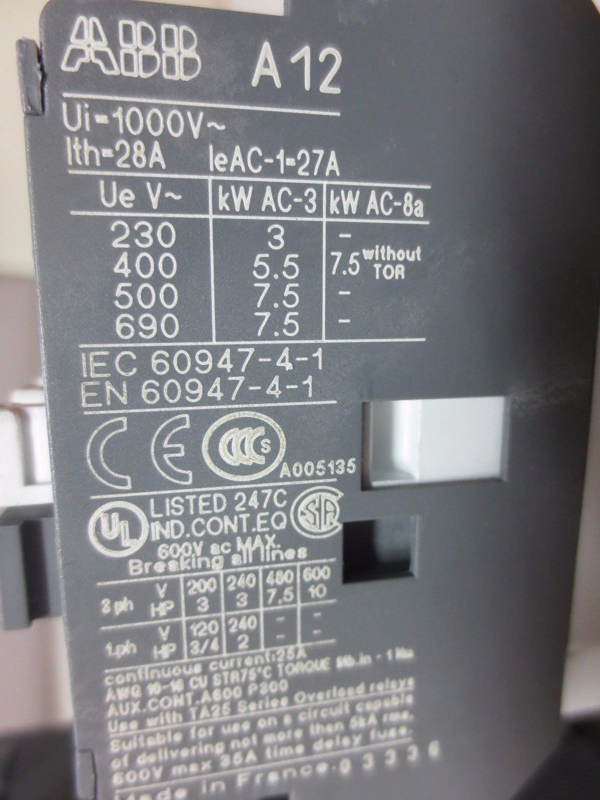 ABB A12-30-10 CONTACTOR + TA25 DU OVERLOAD RELAY ASSEMBLY