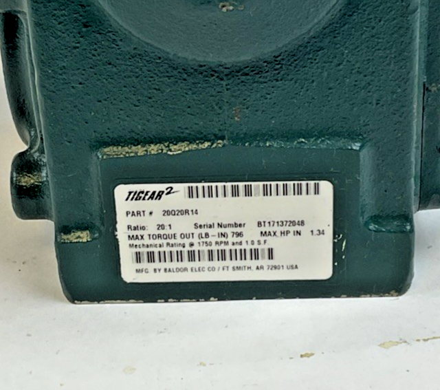 DODGE 20Q20R14 TIGEAR-2 GEAR REDUCER RATIO 20:1 1750RPM 1.34HP *HAS SHELF WEAR*