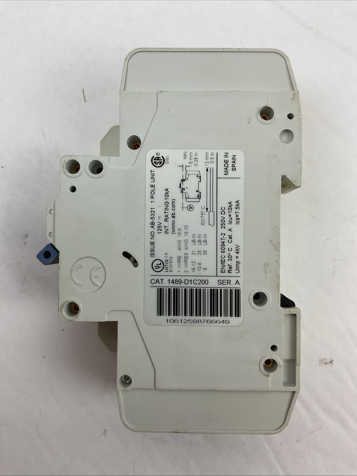 ALLEN-BRADLEY 1489-D1C200 SER A CIRCUIT BREAKER 125VDC 20AMP 1489-ABH12 SER A