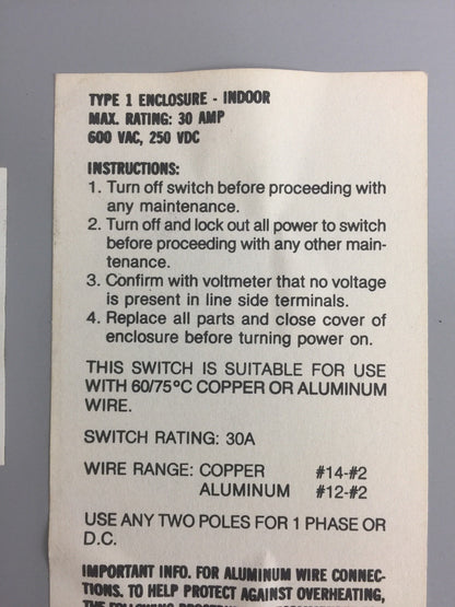 WESTINGHOUSE SDSN6030 DISCONNECT SWITCH 600 VAC 250 VDC 60 AMP 6 POLES