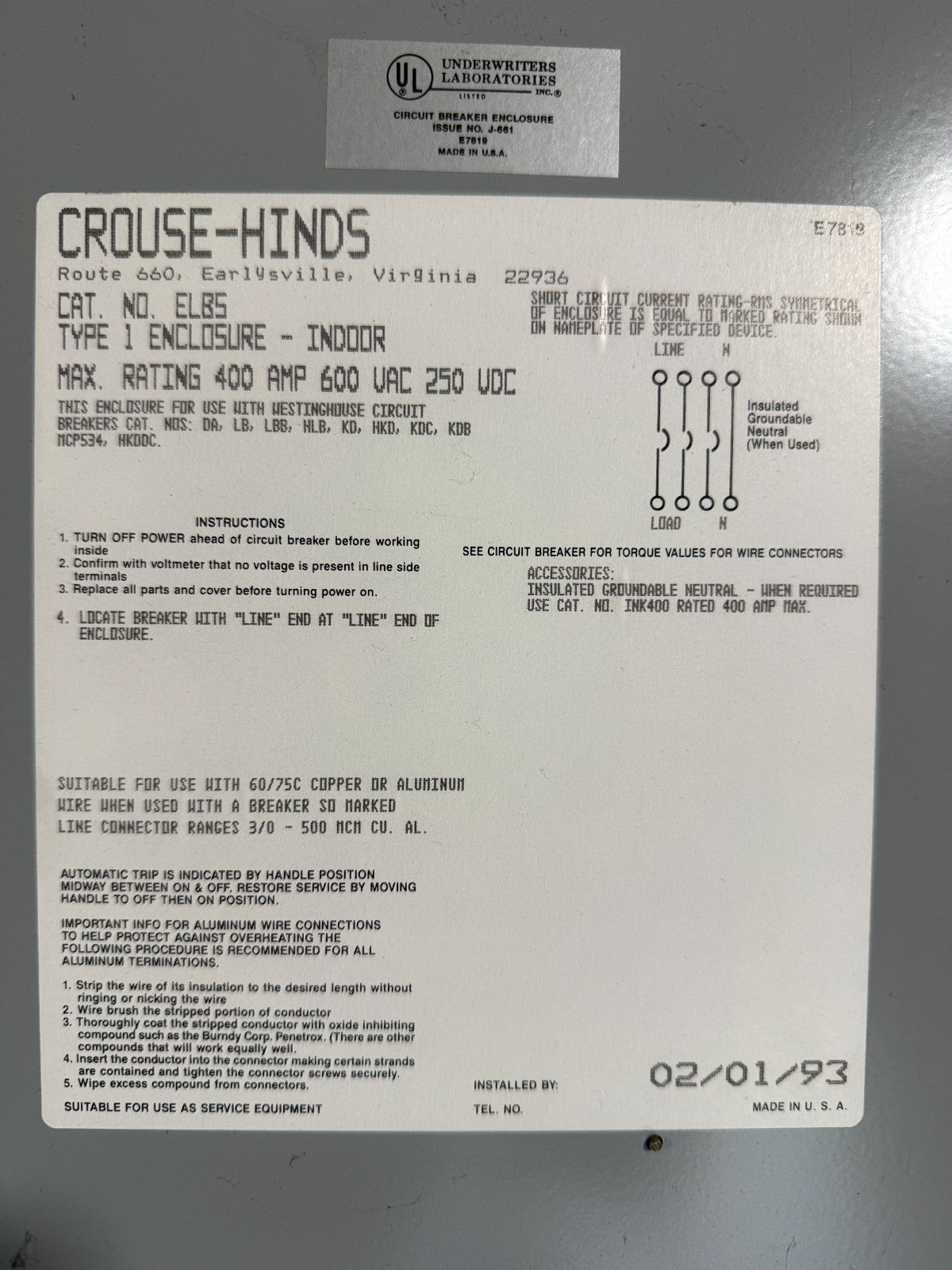 CROUSE-HINDS ELB5 TYPE 1 CIRCUIT BREAKER ENCLOSURE INDOOR 400A 600VAC 250VDC