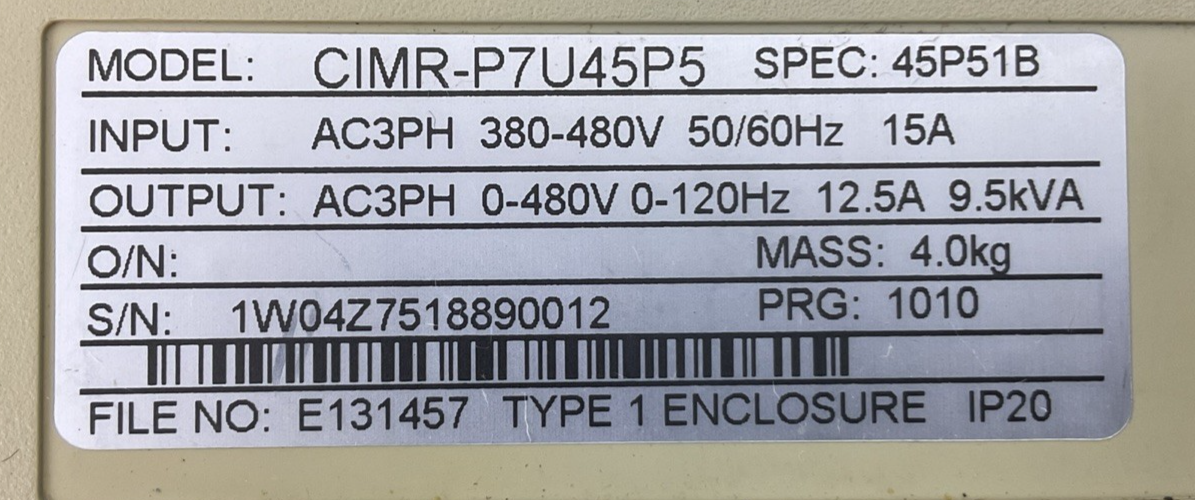 YASKAWA CIMR-P7U45P5 AC DRIVE OUTPUT 3PH 0-480V 12.5A 9.5kVA INPUT 3PH 380-480V