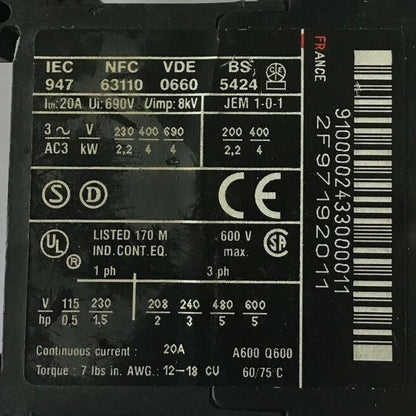 TELEMECANIQUE LP4K 0910 CONTACTOR 600VAC 20A 5HP ***LOTO4***