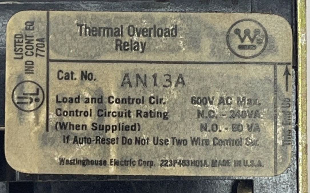 WESTINGHOUSE AN13A THERMAL OVERLOAD RELAY 600VAC