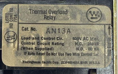 WESTINGHOUSE AN13A THERMAL OVERLOAD RELAY 600VAC