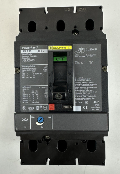 SQUARE D JGL36200C CIRCUIT BREAKER 200A 3P 600V 35kA POWERPACT J