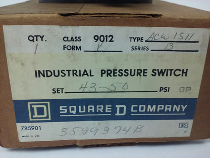 SQUARE D 9012 ACW1S11 SER.B, PRESSURE SWITCH, SET 43-50 PSI, FORM V, 9012 ACW1