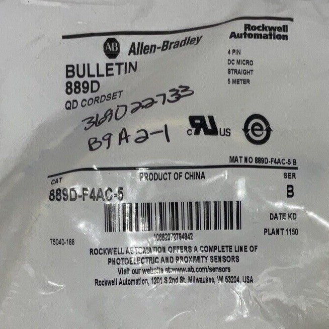 ALLEN BRADLEY 889-DF4AC-5 QD CORDSET SER.B 4 PIN DC MICRO