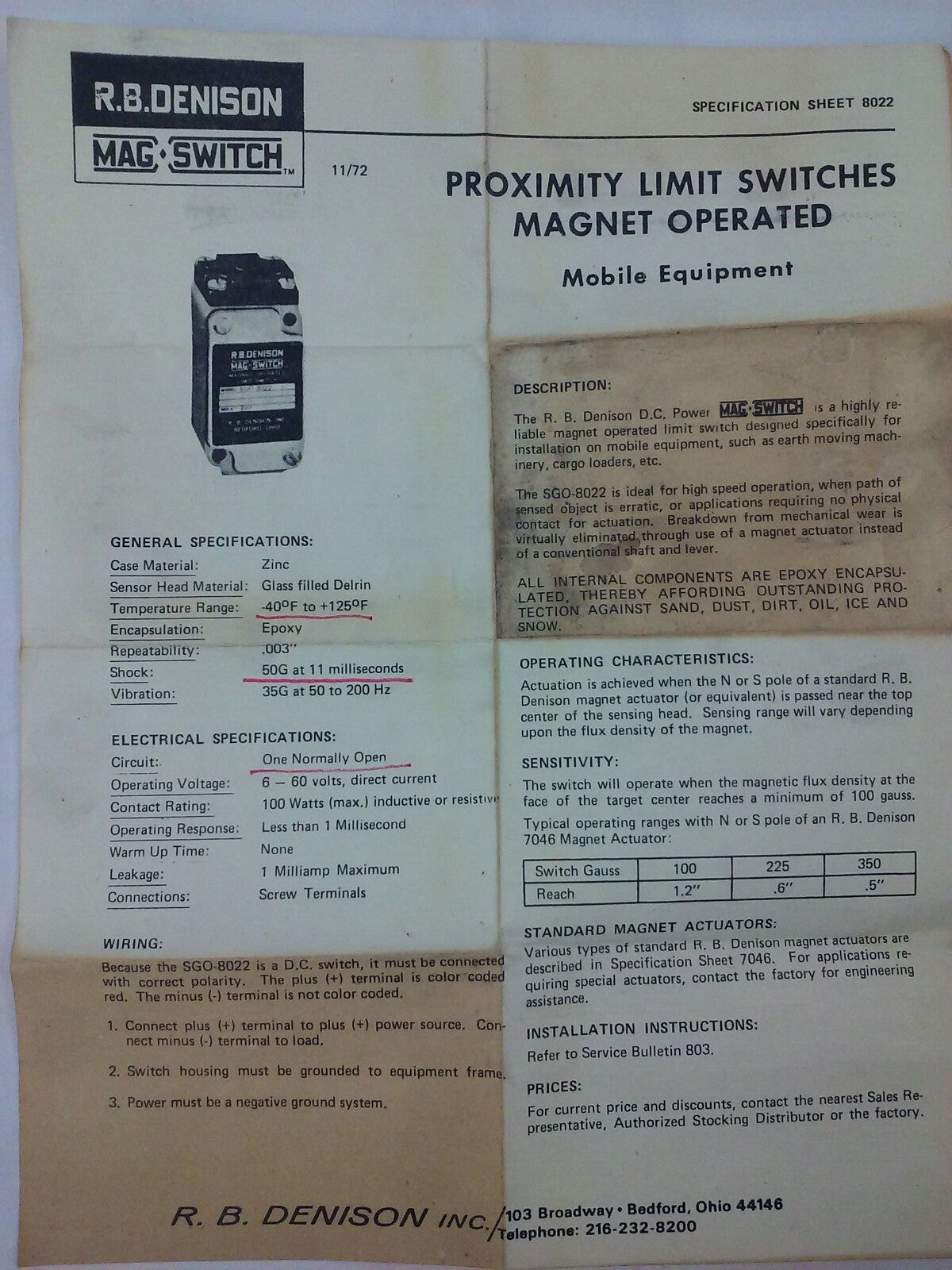 R.B.DENISON  SGO-8022 MAG OPERATED LIMIT SWITCH 6/60VDC, 100W.RES/IND, LOT OF 2
