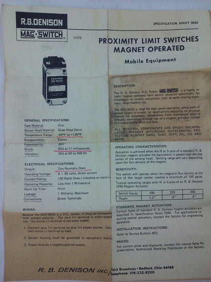 R.B.DENISON  SGO-8022 MAG OPERATED LIMIT SWITCH 6/60VDC, 100W.RES/IND, LOT OF 2