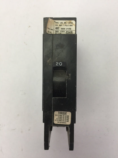 WESTINGHOUSE / CUTLER HAMMER GHB1020 CIRCUIT BREAKER 20A 277VAC 1 P (LOT OF 4)