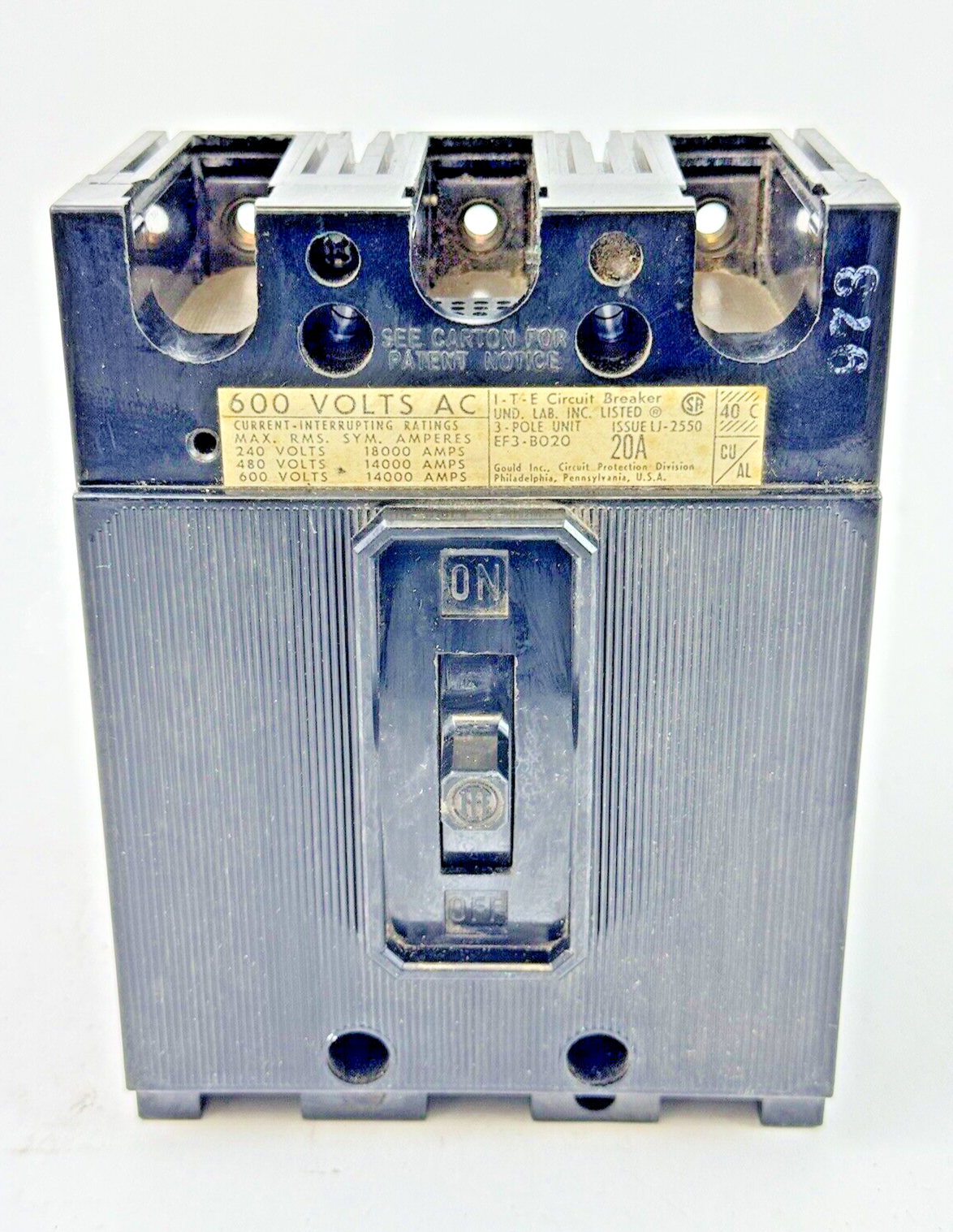 ITE / SIEMENS - EF3-B020 - MOLDED CASE CIRCUIT BREAKER - 3 POLE/20A/600 VAC