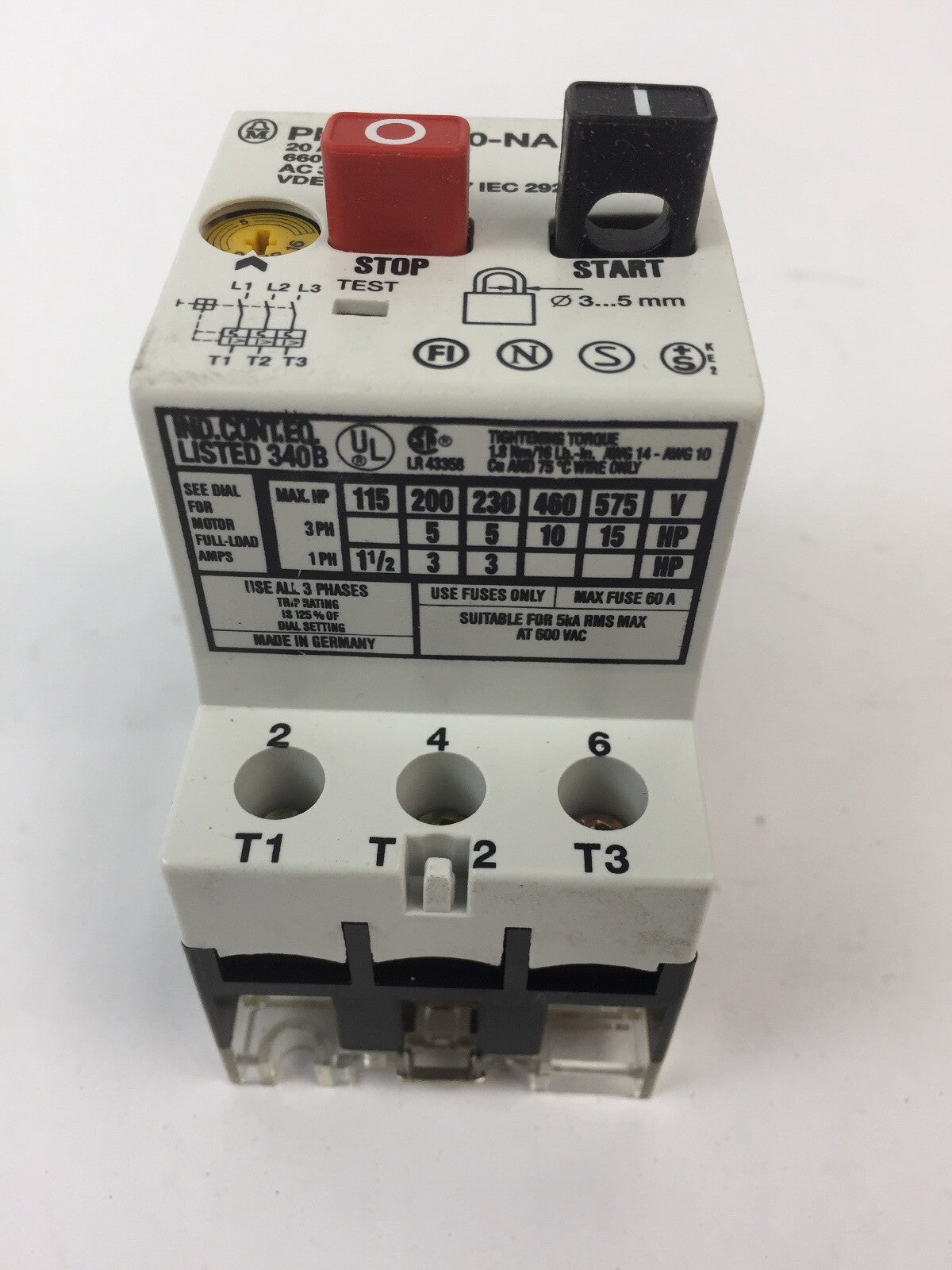 KLOCKNER MOELLER PKZM1-20 NA MANUAL MOTOR STARTER 16-20A 600VAC 15HP 3 PHASE