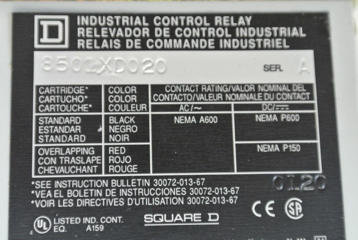SQUARE D 8501XD020 TYPE X CONTROL RELAY / 115/125V COIL / 8-POLE / NEW SURPLUS