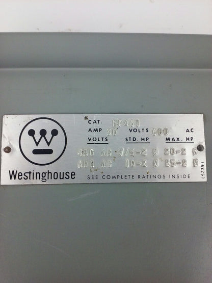 WESTINGHOUSE HF461 SAFETY SWITCH, 30A, 600V, 4P FUSIBLE, 25 H.P., NEW